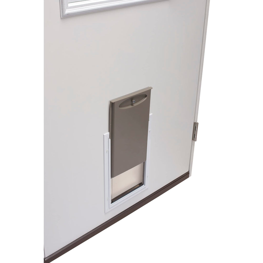 Primed Left Hand Outswing 9 Lite Prehung Front Door with Pet Door M297228