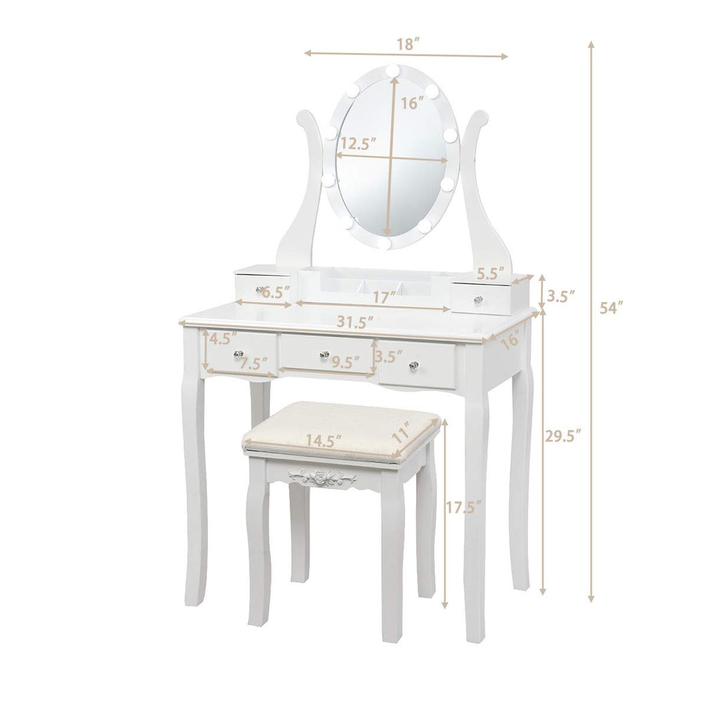 White Makeup Vanity Table with Lighted Mirror and Stool P28646