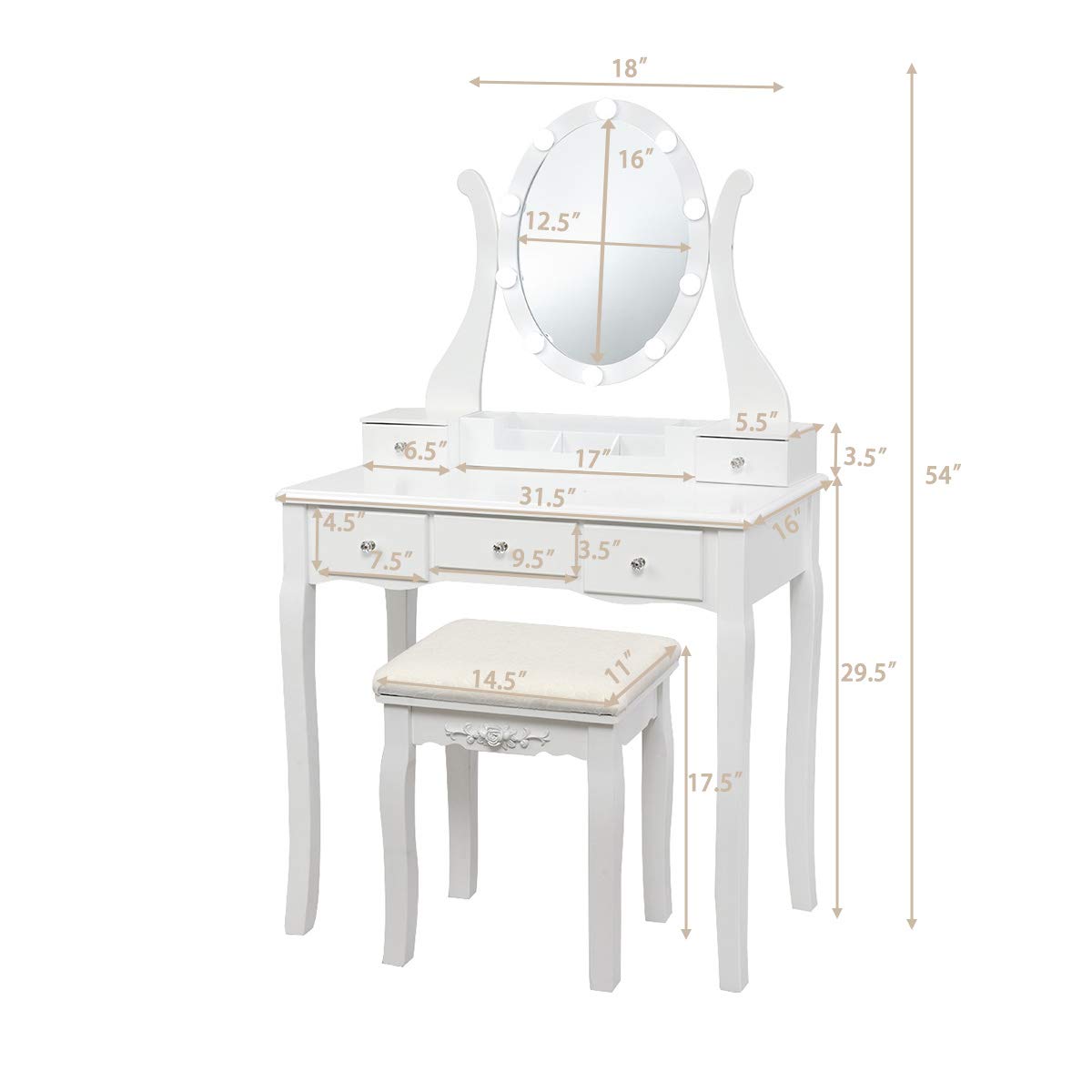 White Makeup Vanity Table with Lighted Mirror and Stool P28646