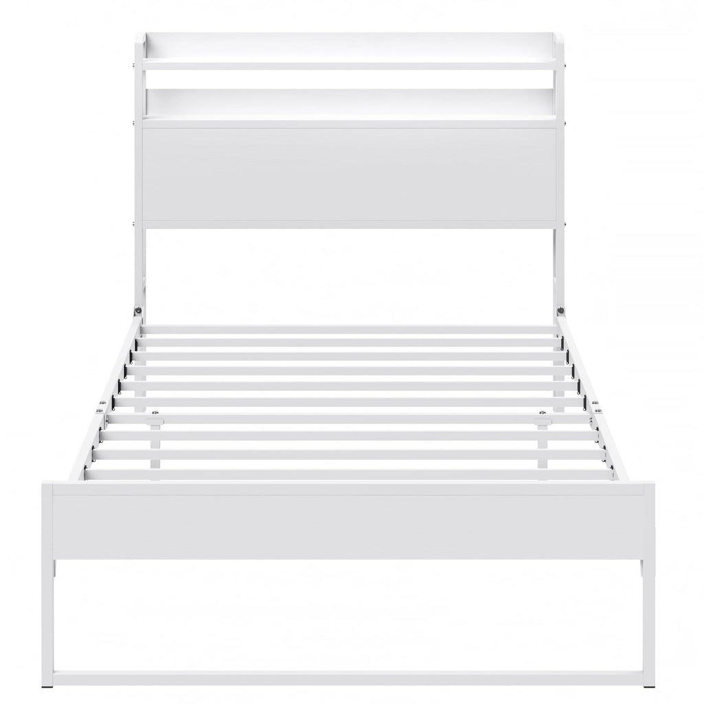 White Metal Twin Bed Frame with 2-Tier Storage Headboard A4864