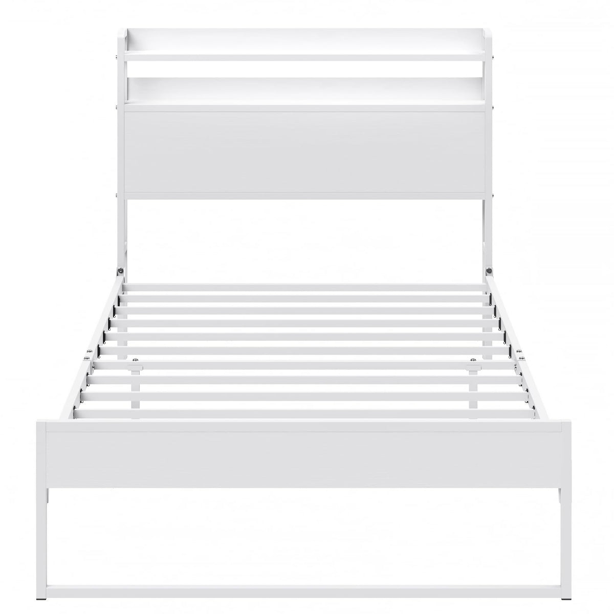 White Metal Twin Bed Frame with 2-Tier Storage Headboard A4864