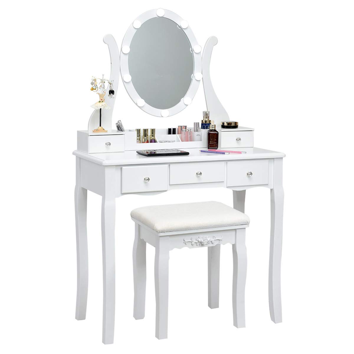 White Makeup Vanity Table with Lighted Mirror and Stool P28646