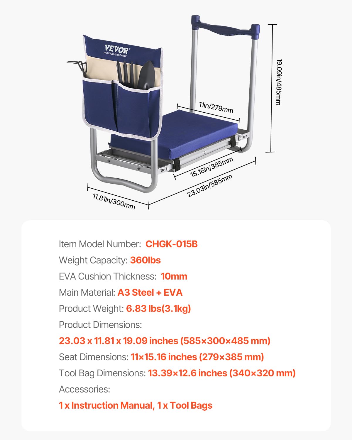Folding Garden Kneeler and Seat with Tool Bags E35567