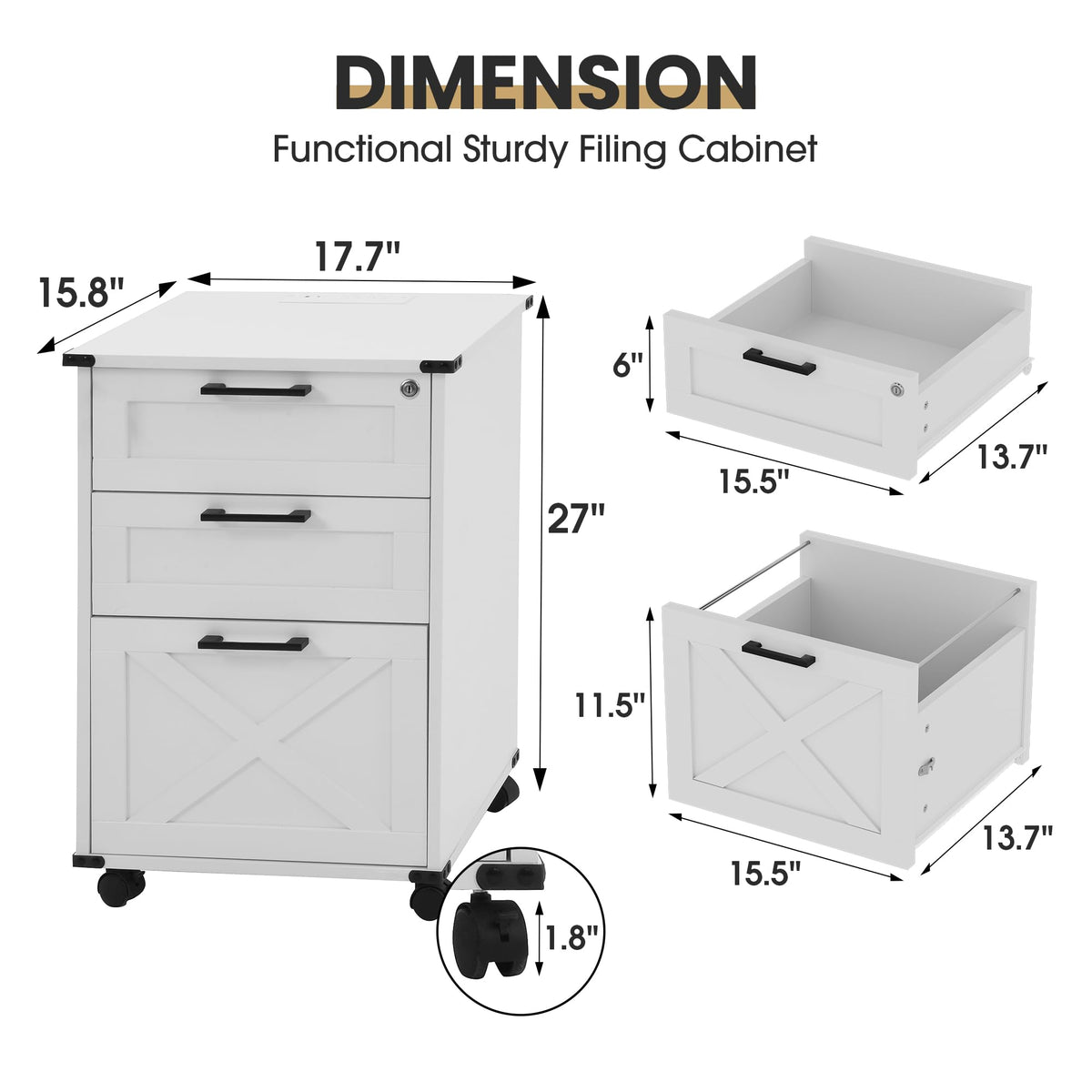 Small Wood File Cabinet with Charging Station and Lock, 3 Drawers V758384