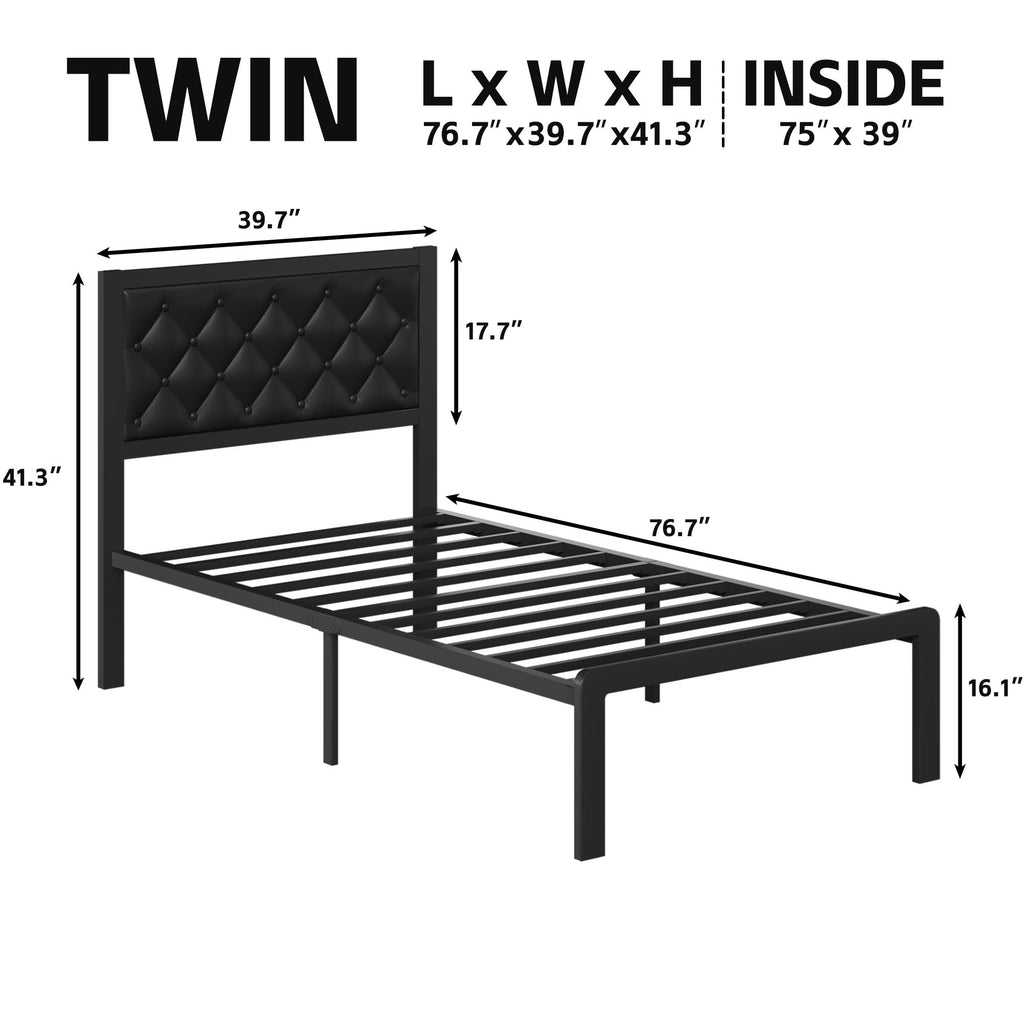 Black PU Leather Upholstered Twin Bed Frame with Headboard R197