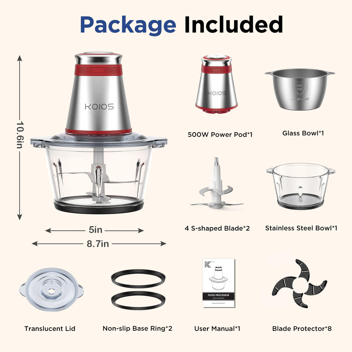 500W Electric Food Processor with 2 Bowls N77537
