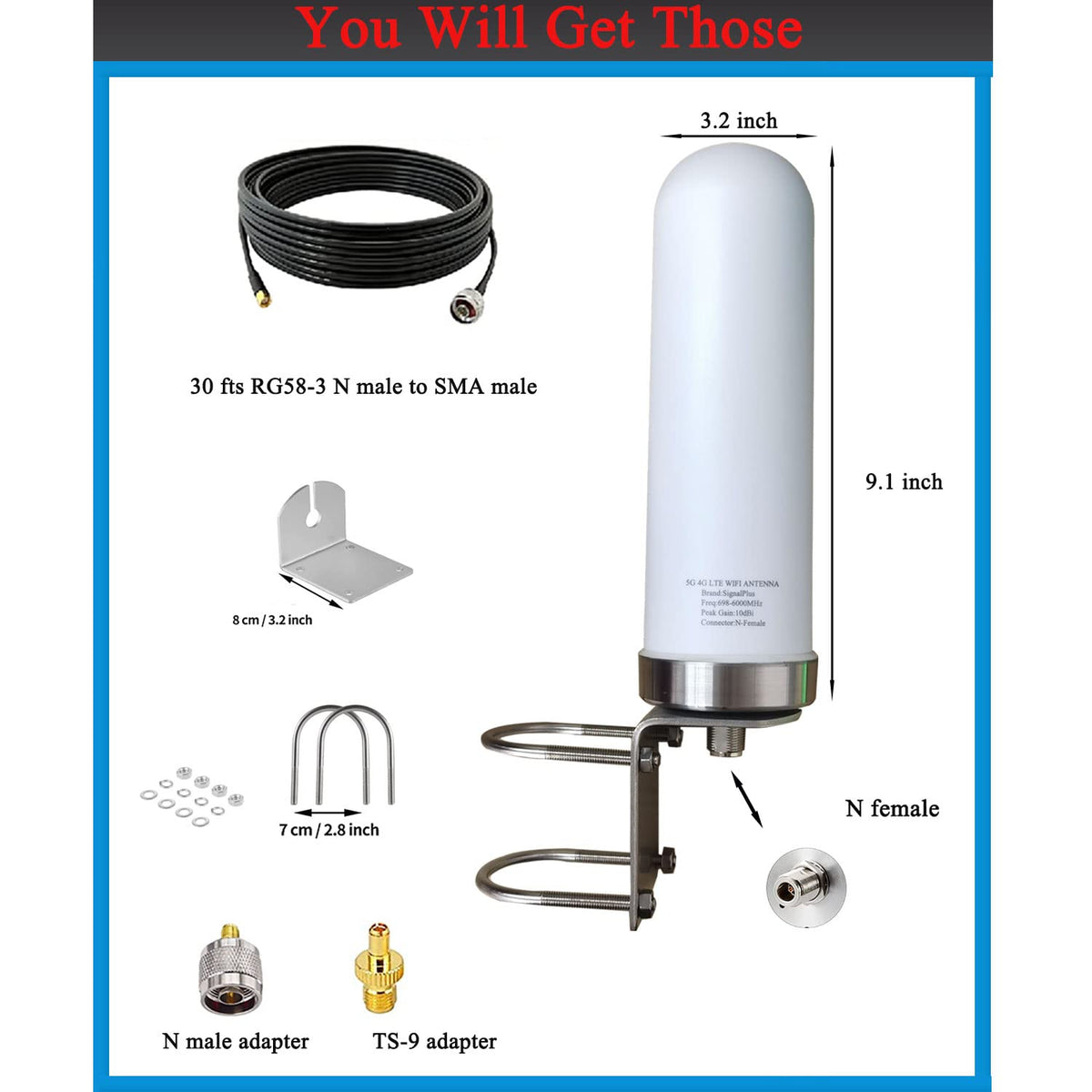 Outdoor 4G 5G LTE Cellular Antenna 698-6000mhz 10dBi K283071