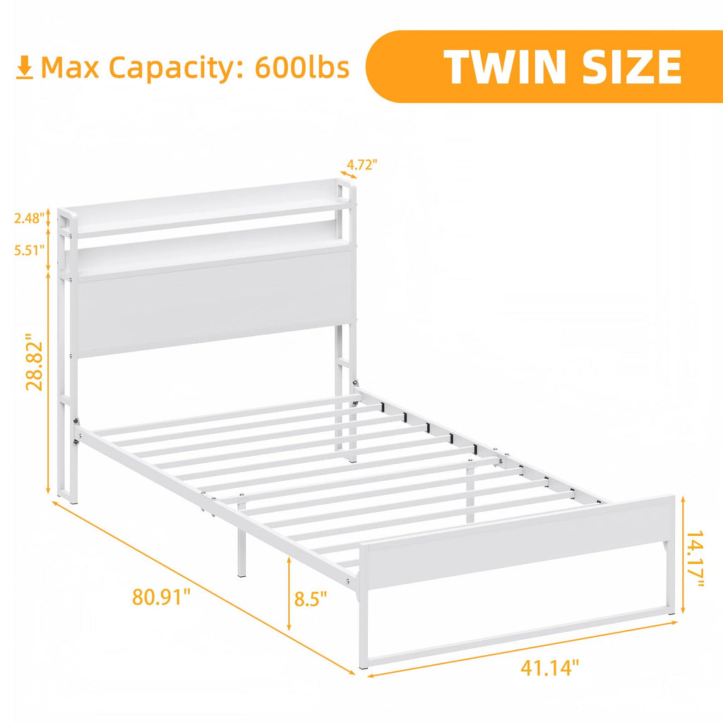 White Metal Twin Bed Frame with 2-Tier Storage Headboard A4864