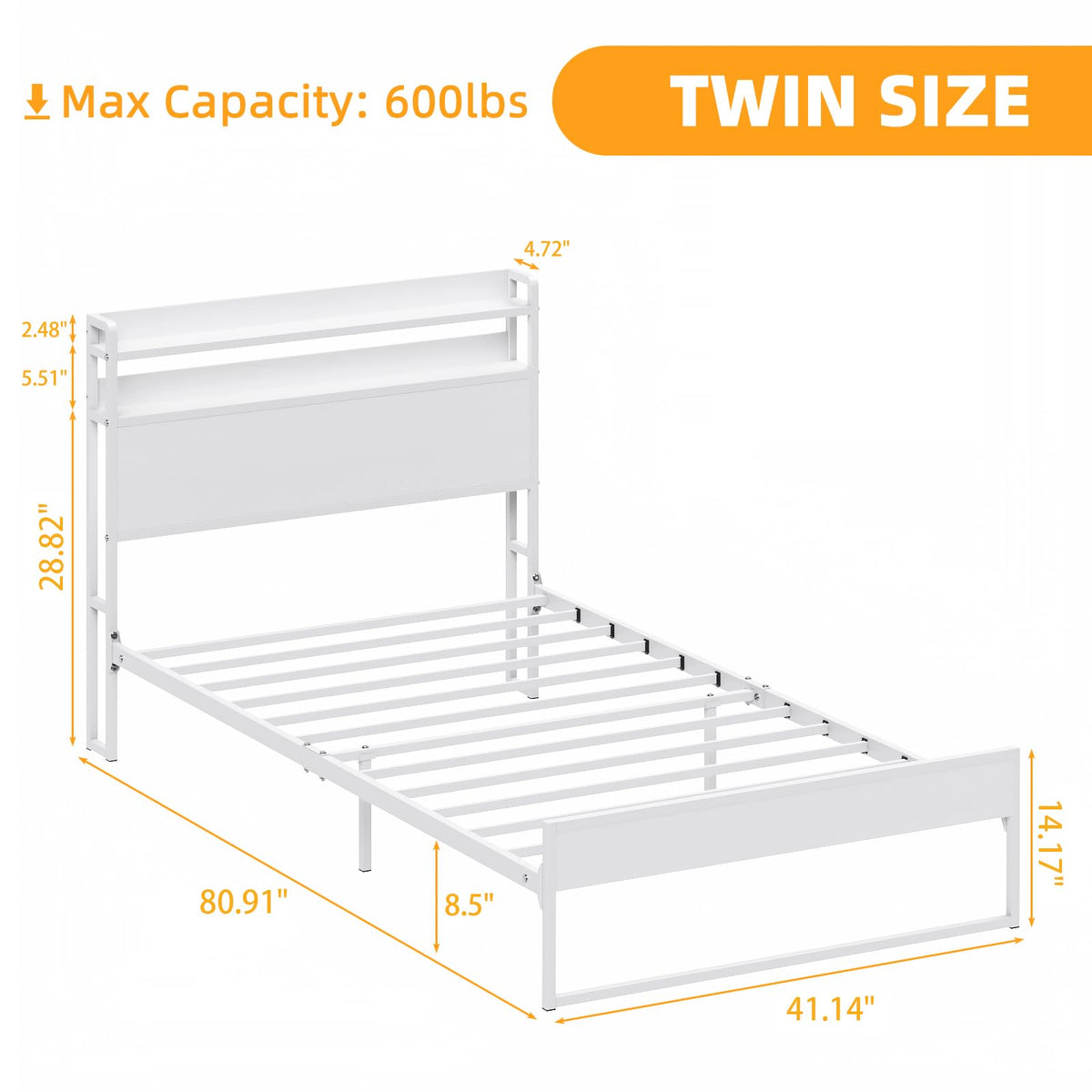 White Metal Twin Bed Frame with 2-Tier Storage Headboard A4864