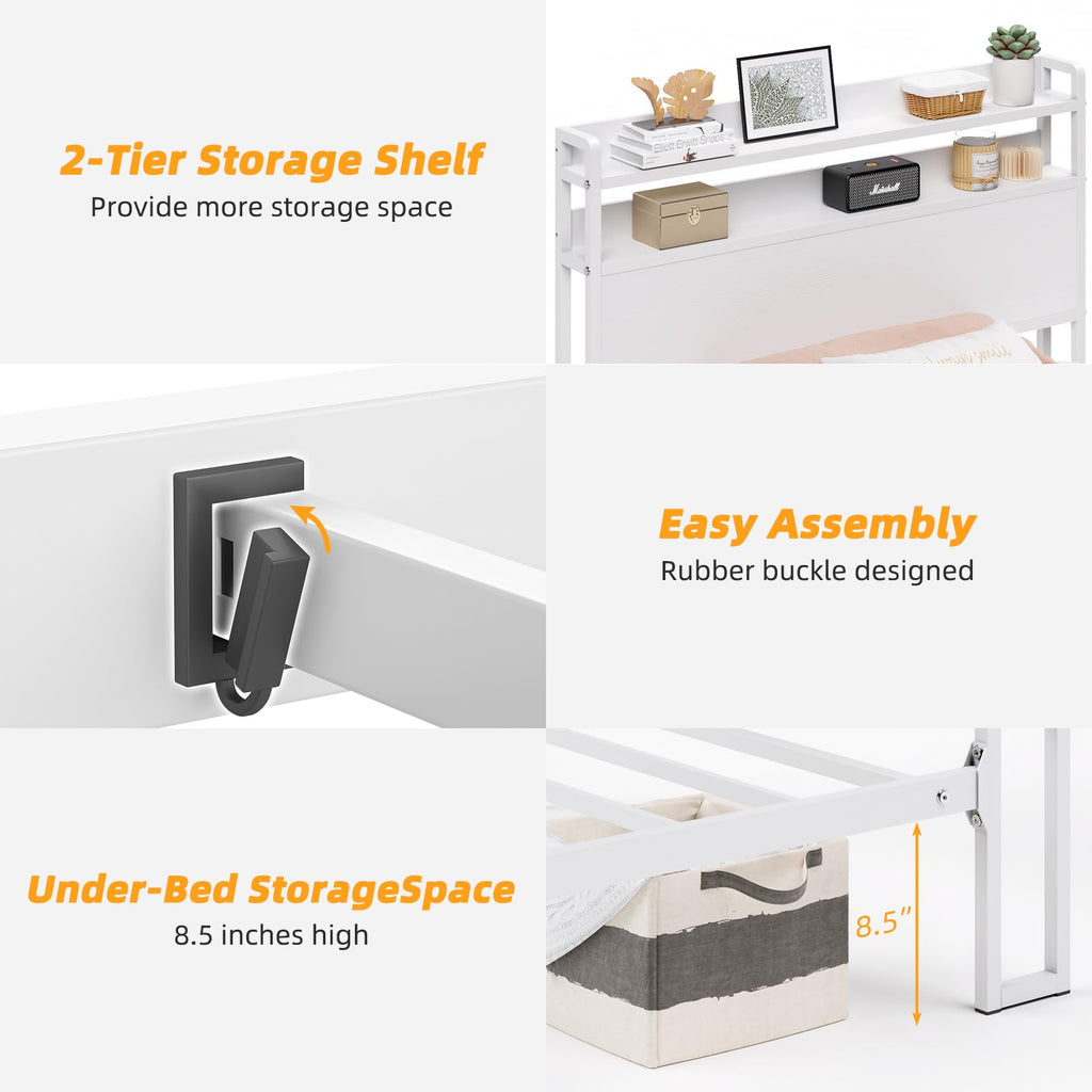 White Metal Twin Bed Frame with 2-Tier Storage Headboard A4864
