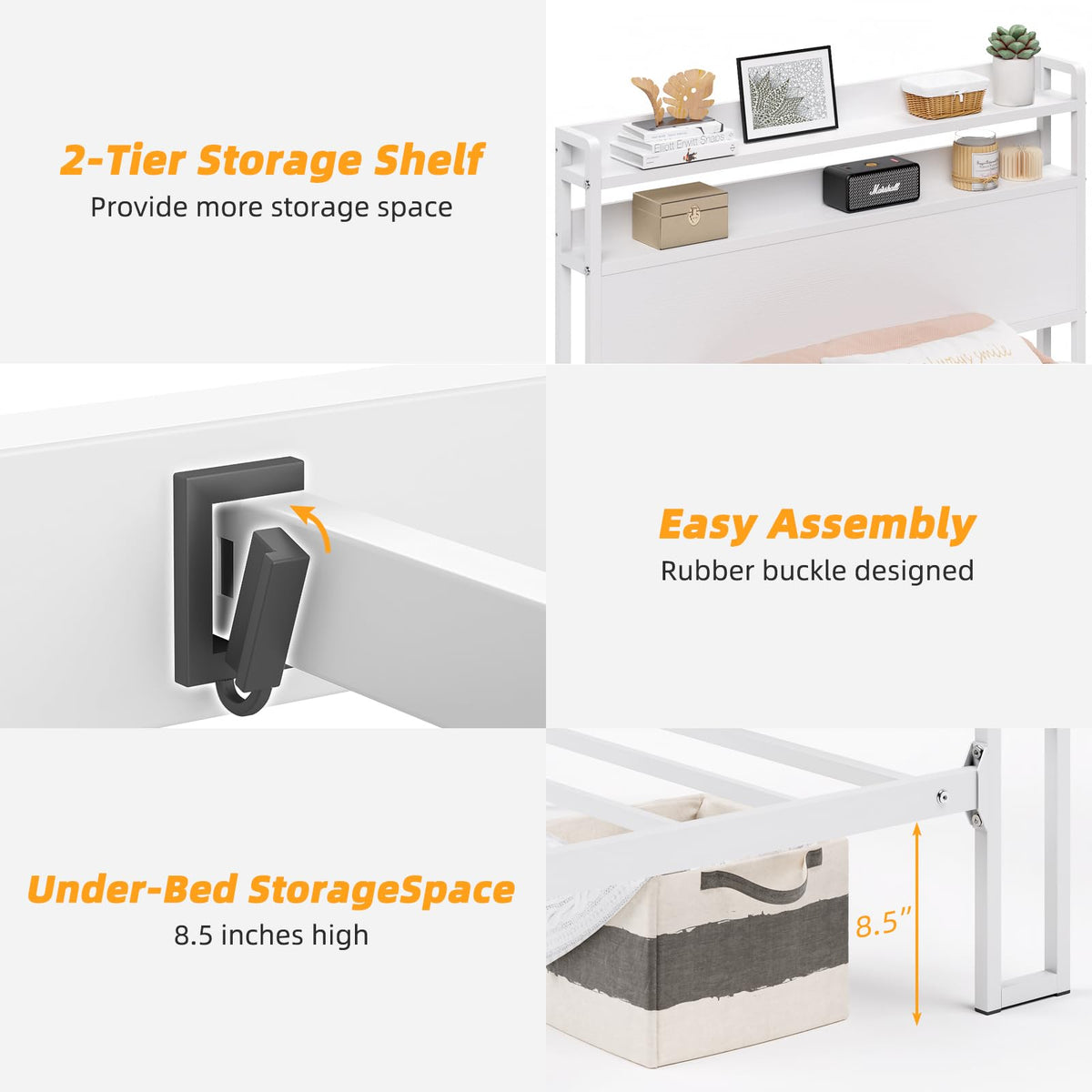 White Metal Twin Bed Frame with 2-Tier Storage Headboard A4864
