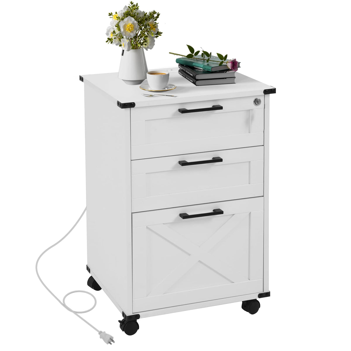 Small Wood File Cabinet with Charging Station and Lock, 3 Drawers V758384