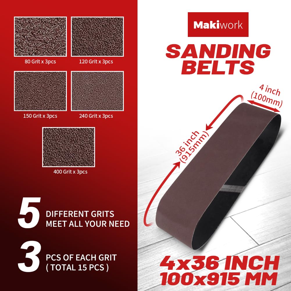 36 Inch Sanding Belts 15-Pack 80/120/150/240/400 Grits Aluminum Oxide V64820