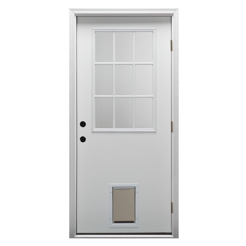 Primed Left Hand Outswing 9 Lite Prehung Front Door with Pet Door M297228