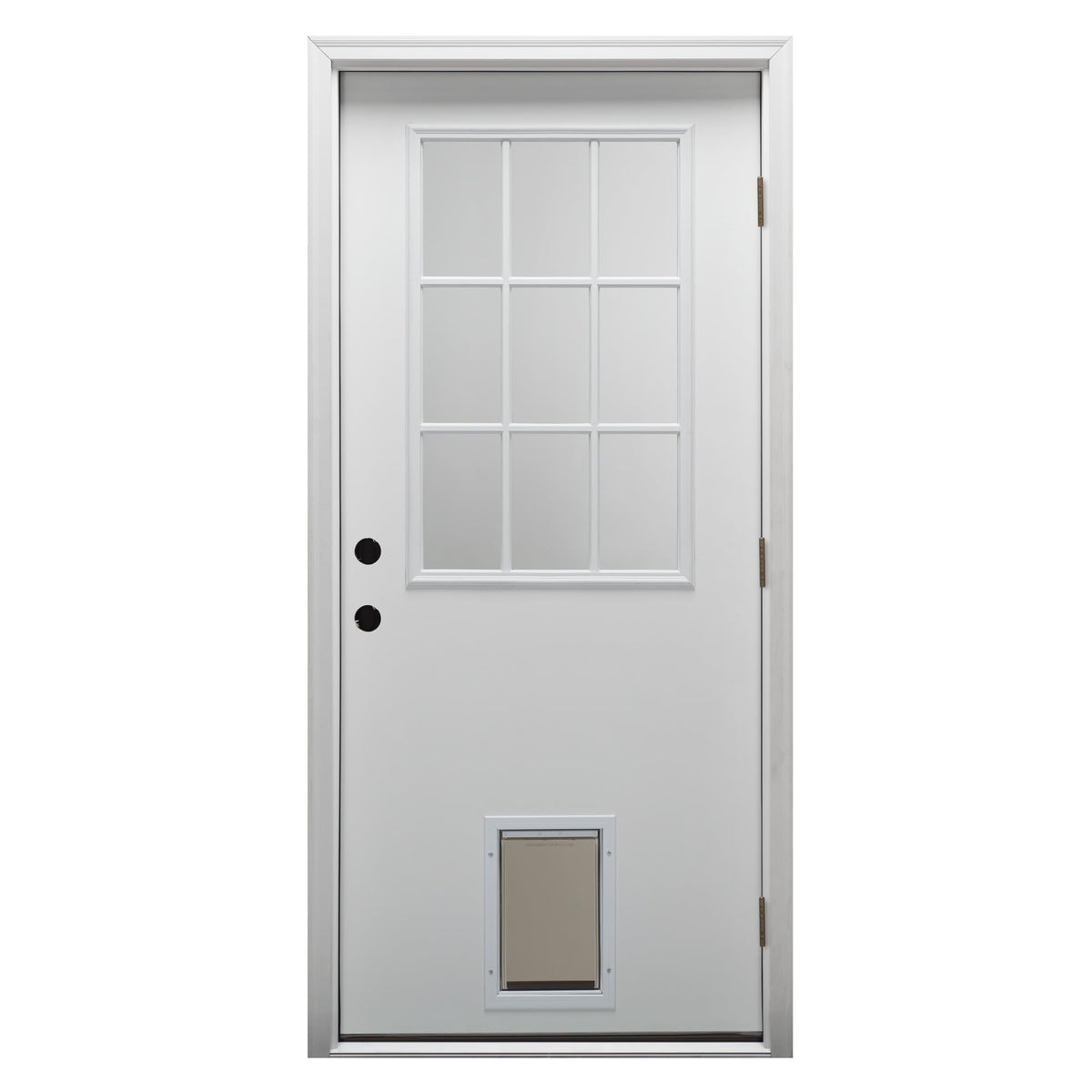 Primed Left Hand Outswing 9 Lite Prehung Front Door with Pet Door M297228