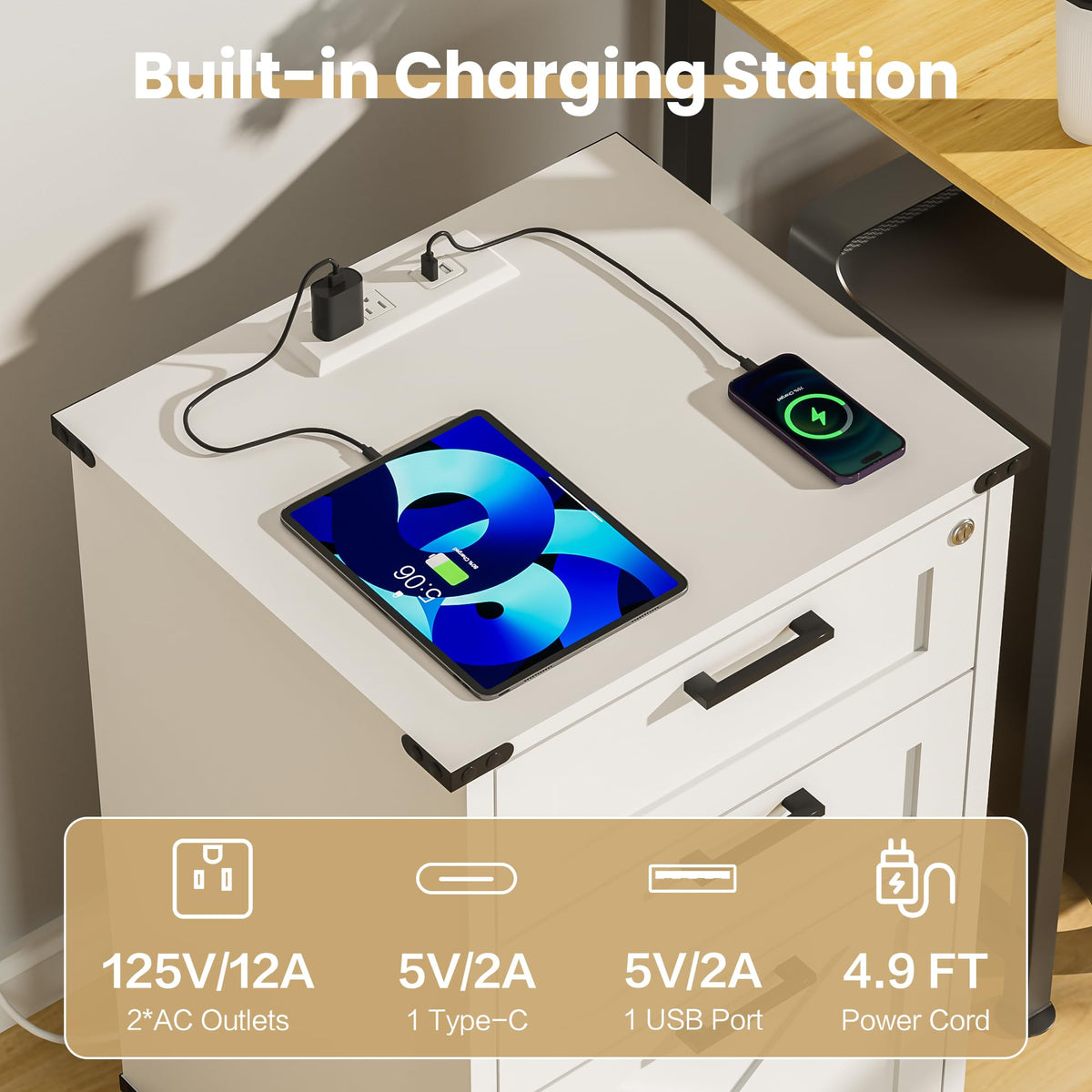 Small Wood File Cabinet with Charging Station and Lock, 3 Drawers V758384