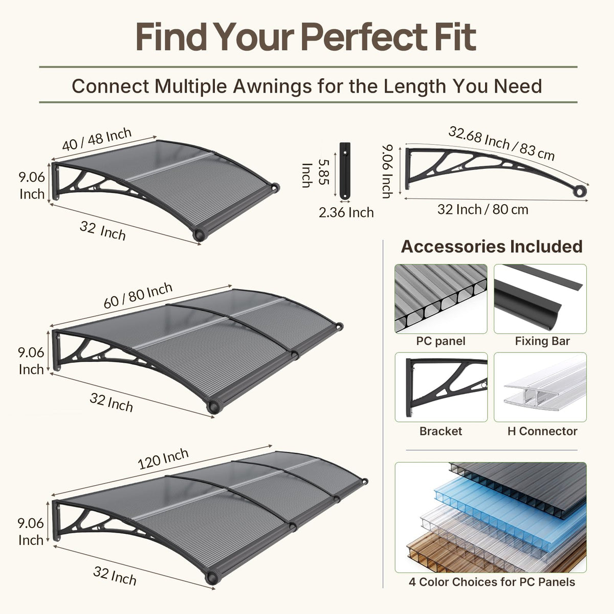 32" x 48" Window Door Awning Canopy with Drainage U3121