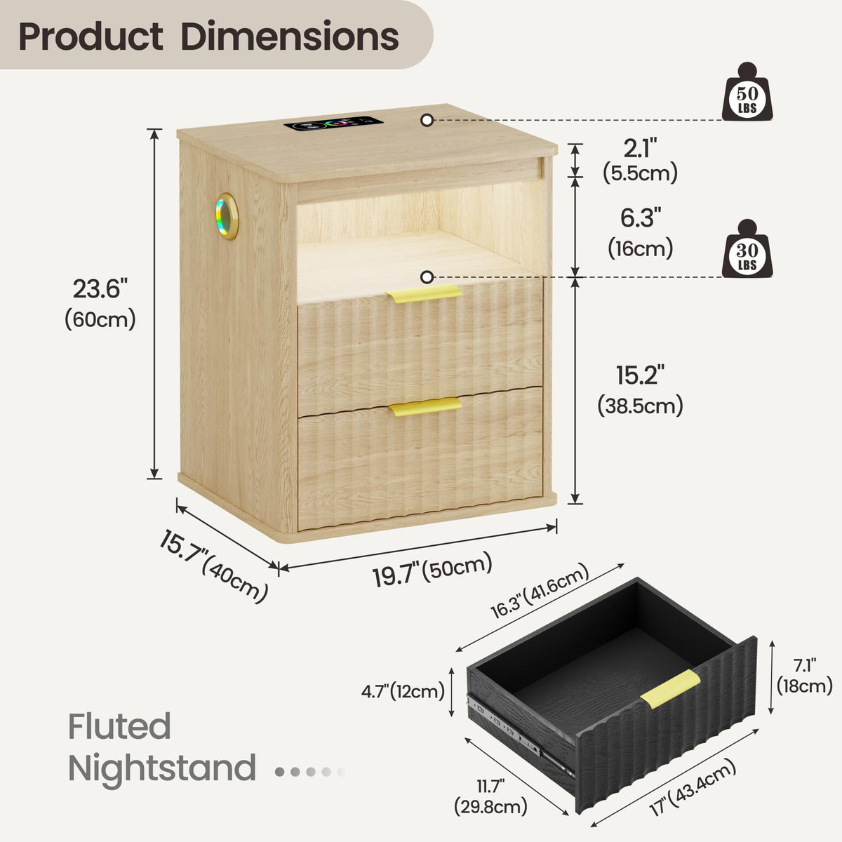 LED Nightstand with Charging Station and 2 Drawers F943862