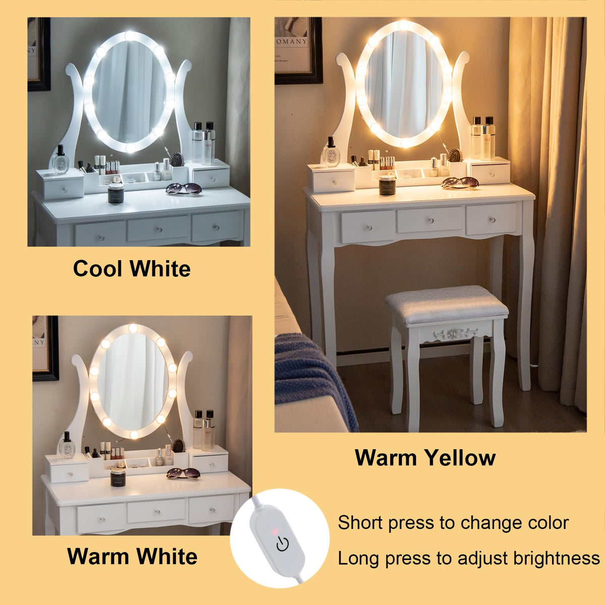 White Makeup Vanity Table with Lighted Mirror and Stool P28646