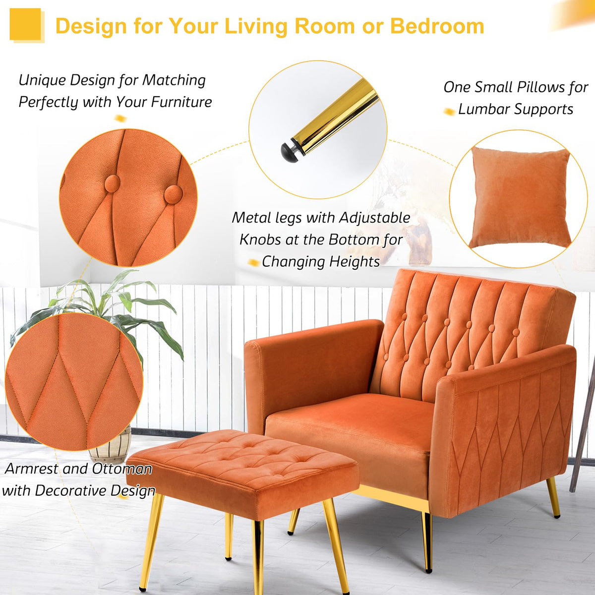 Velvet Accent Chair with Ottoman & Adjustable Backrest Z284
