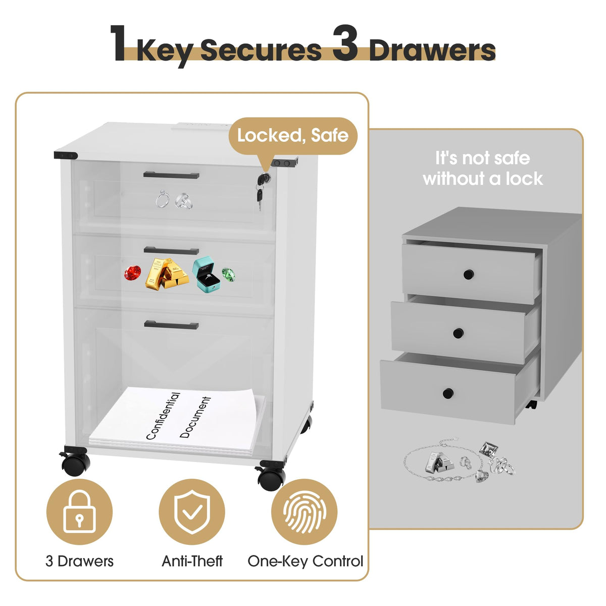 Small Wood File Cabinet with Charging Station and Lock, 3 Drawers V758384