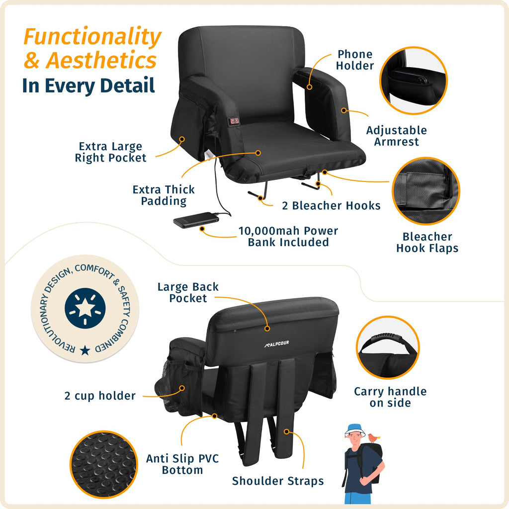Heated Massage Reclining Stadium Seat with Back Support and Cushion S6174