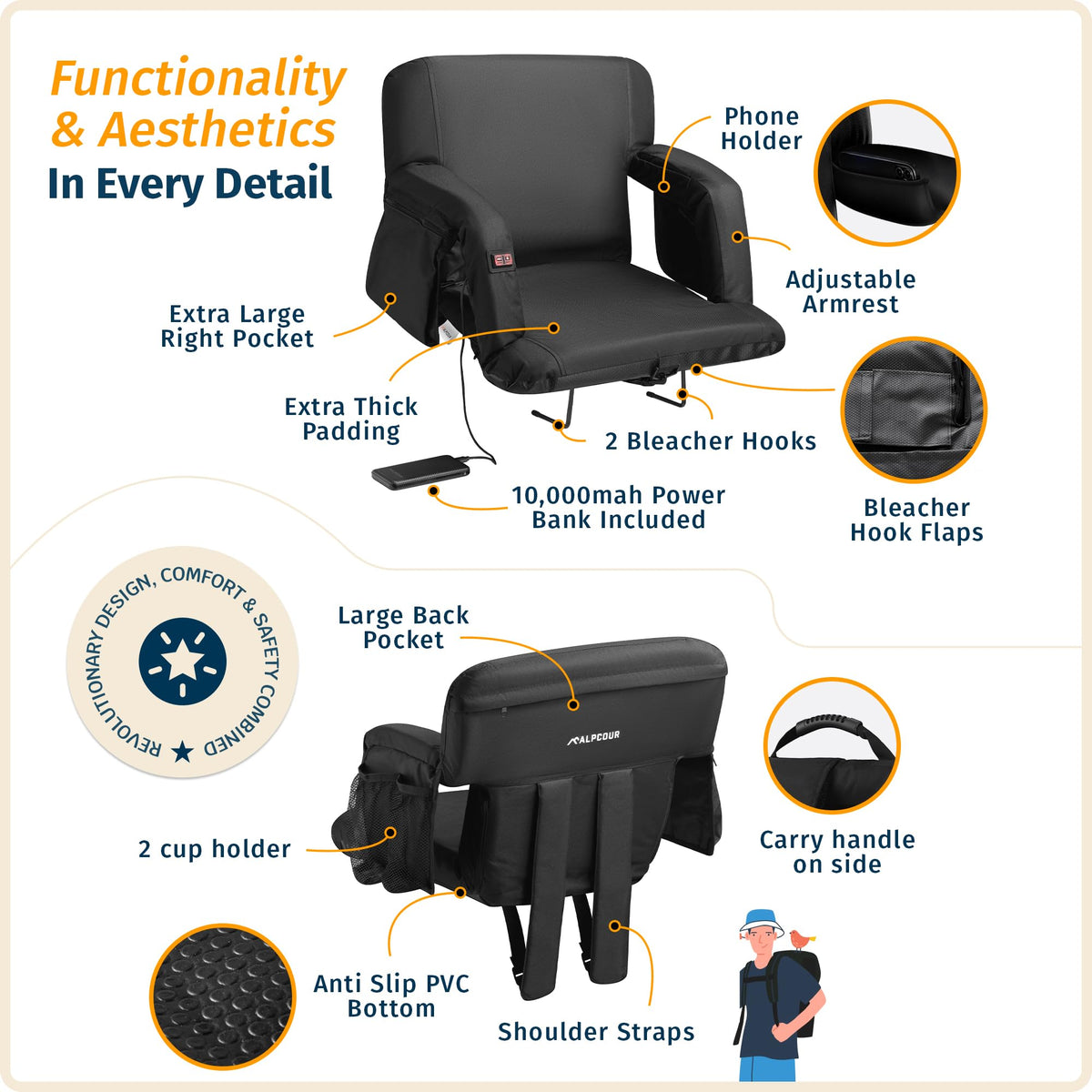 Heated Massage Reclining Stadium Seat with Back Support and Cushion S6174