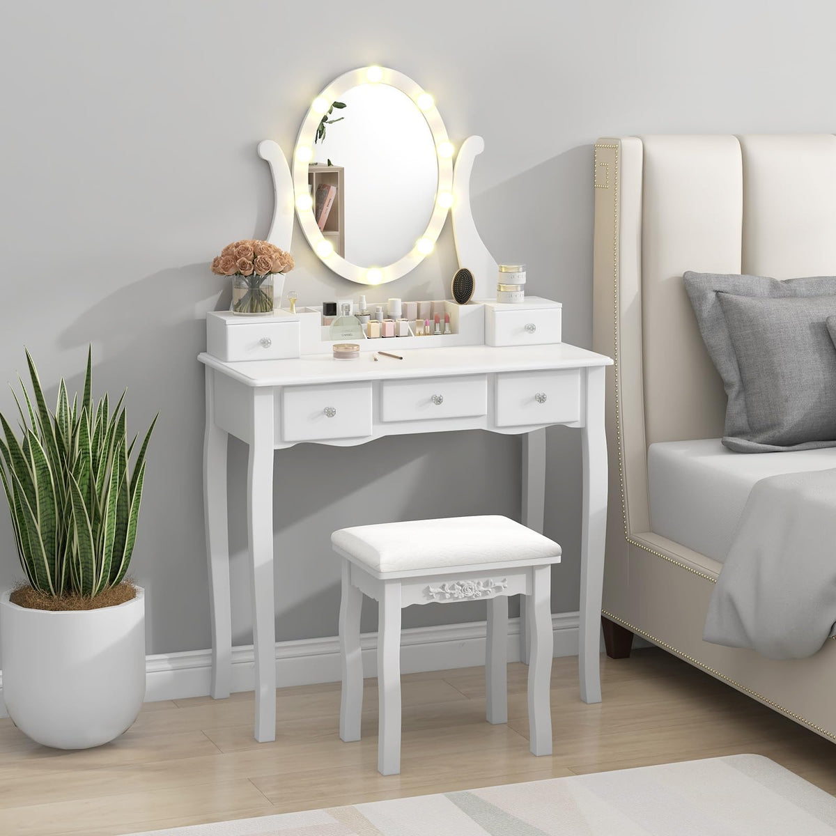 White Makeup Vanity Table with Lighted Mirror and Stool P28646