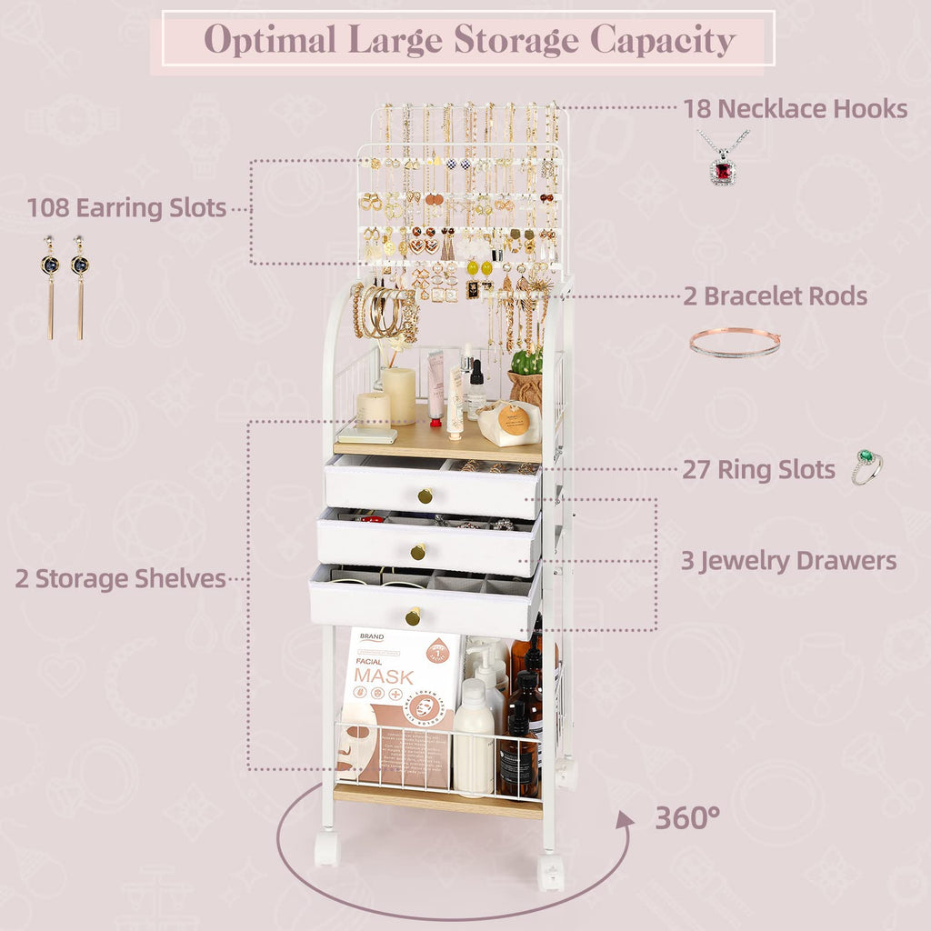 Large White 3 Drawer Floor Jewelry Organizer Stand U921