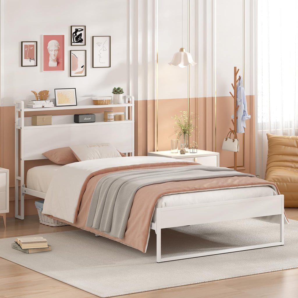 White Metal Twin Bed Frame with 2-Tier Storage Headboard A4864