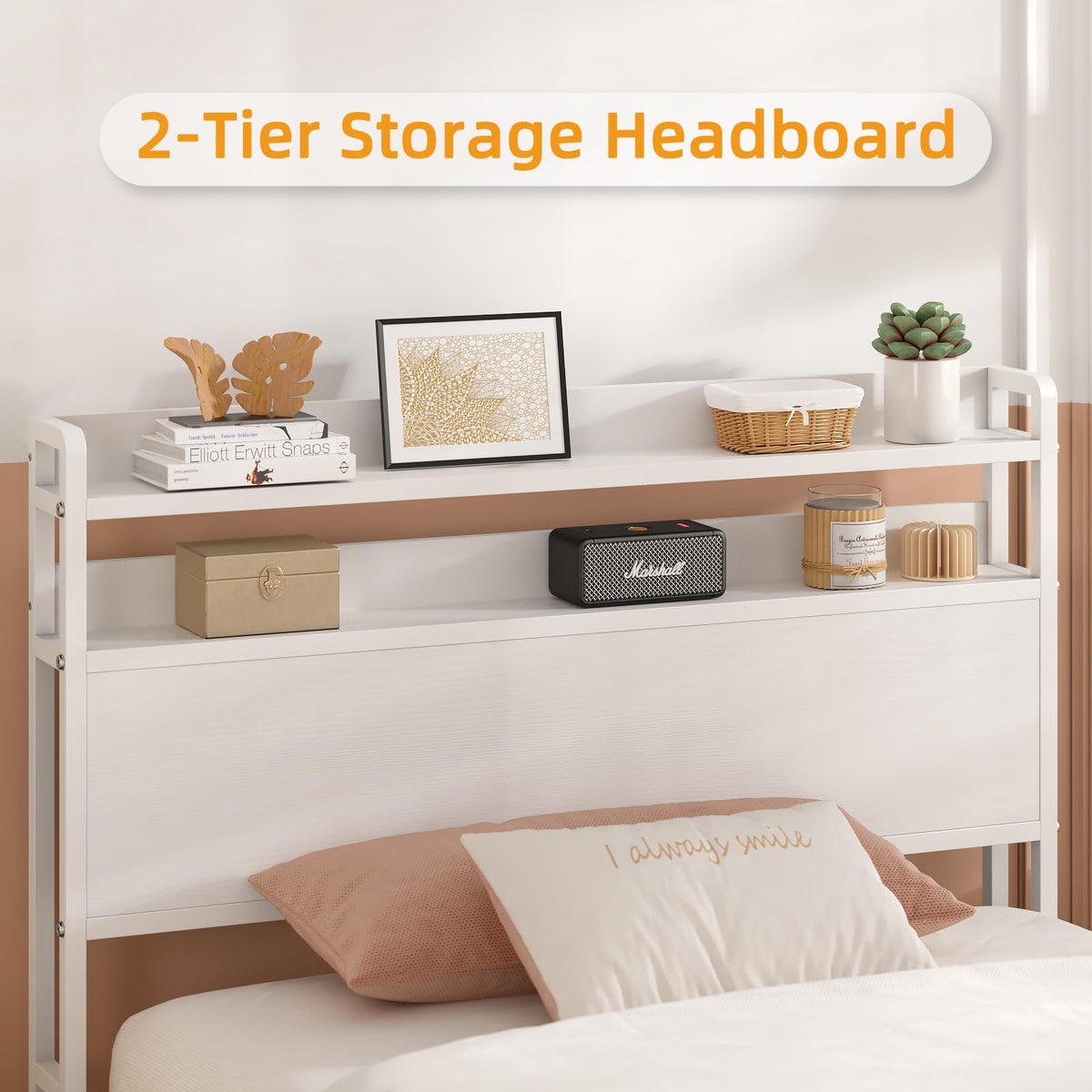 White Metal Twin Bed Frame with 2-Tier Storage Headboard A4864
