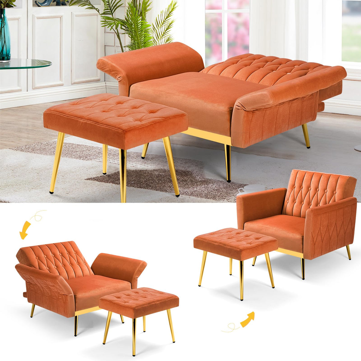 Velvet Accent Chair with Ottoman & Adjustable Backrest Z284