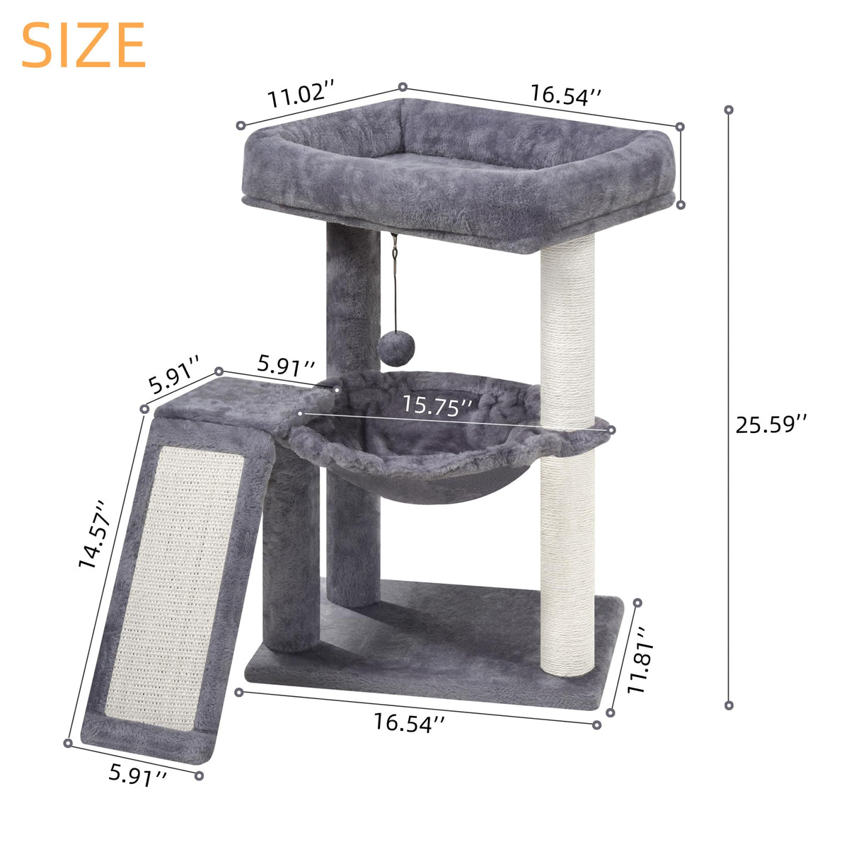 Cat Tree with Scratching Post and Hammock, Grey Q948
