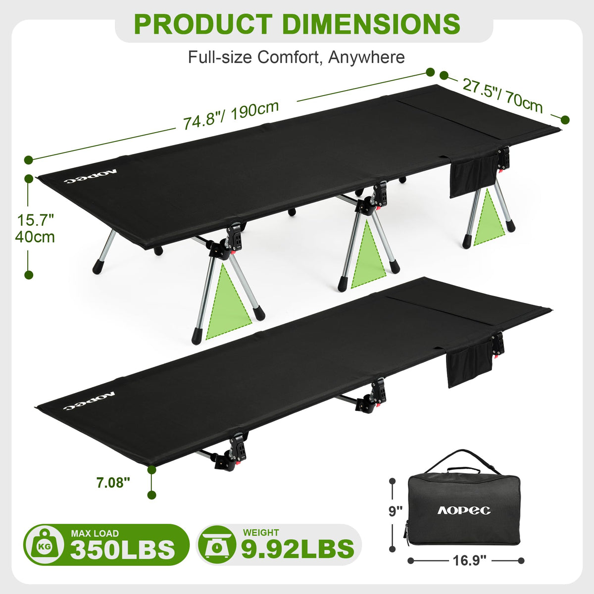 Height Adjustable Black Camping Cot K343