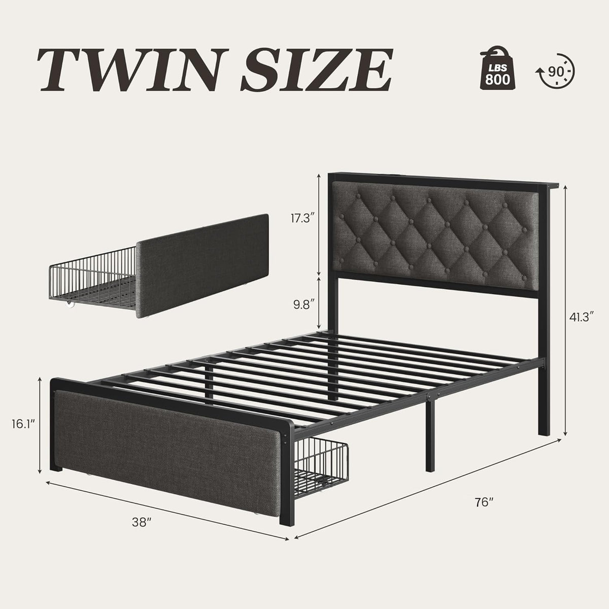 Grey Twin Bed Frame with Storage Drawer Q632551