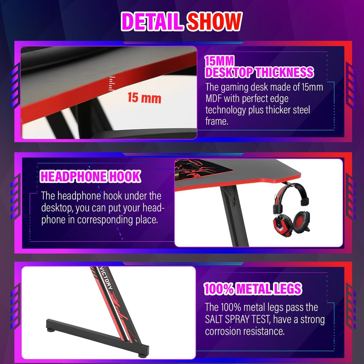 47 Inch Gaming Desk with Headphone Hook P57136