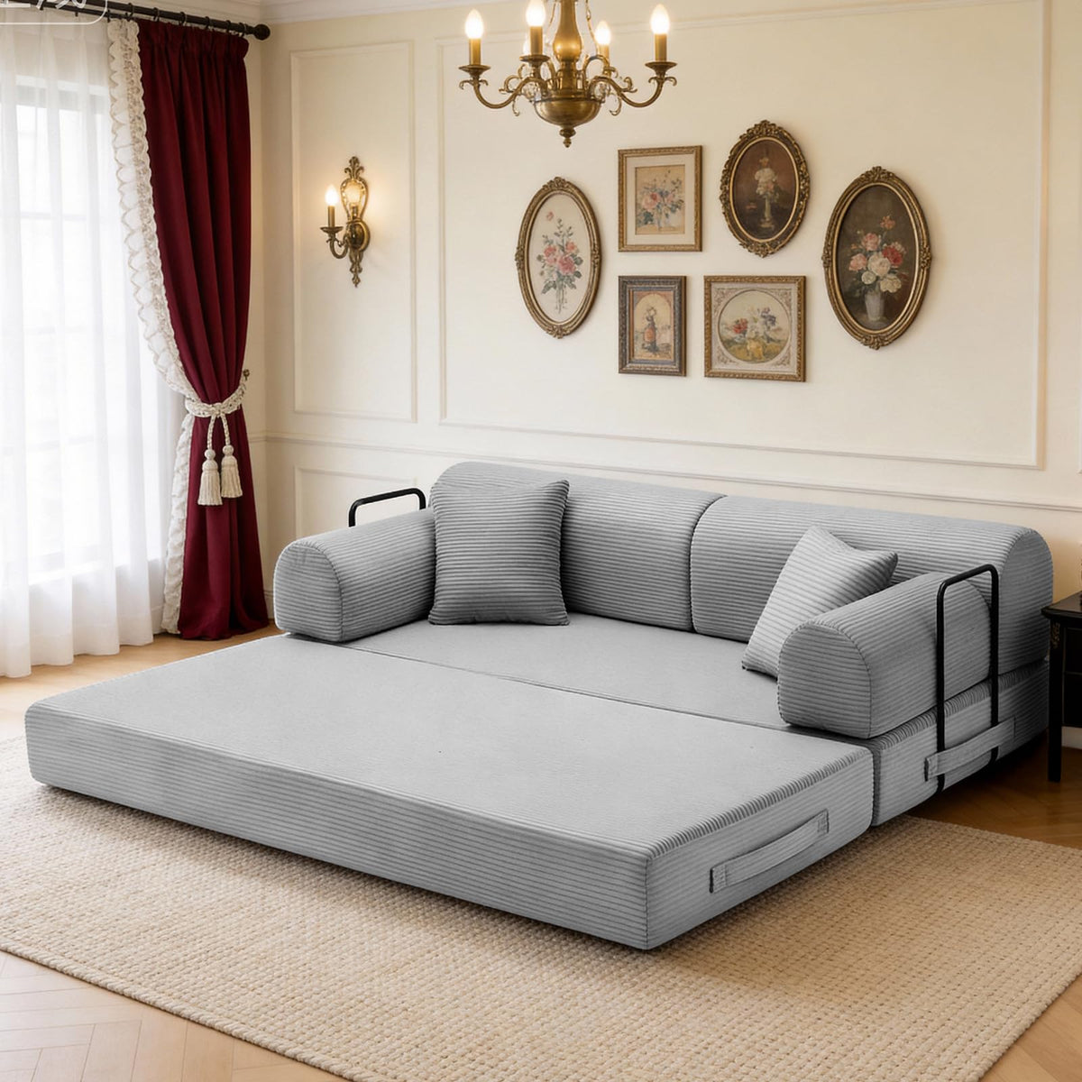 Light Gray Corduroy Convertible Sofa Bed J1579