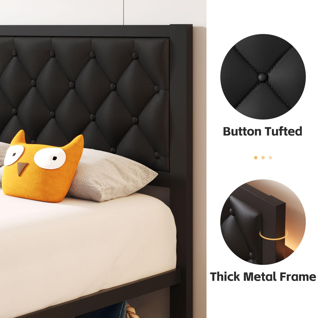 Black PU Leather Upholstered Twin Bed Frame with Headboard R197