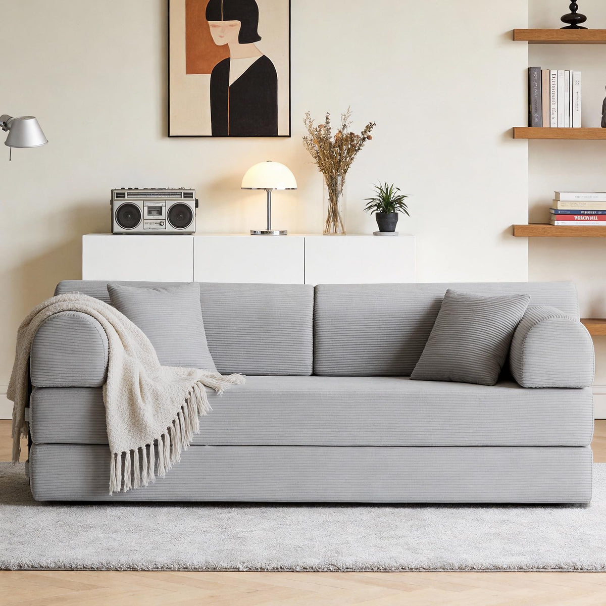 Light Gray Corduroy Convertible Sofa Bed J1579
