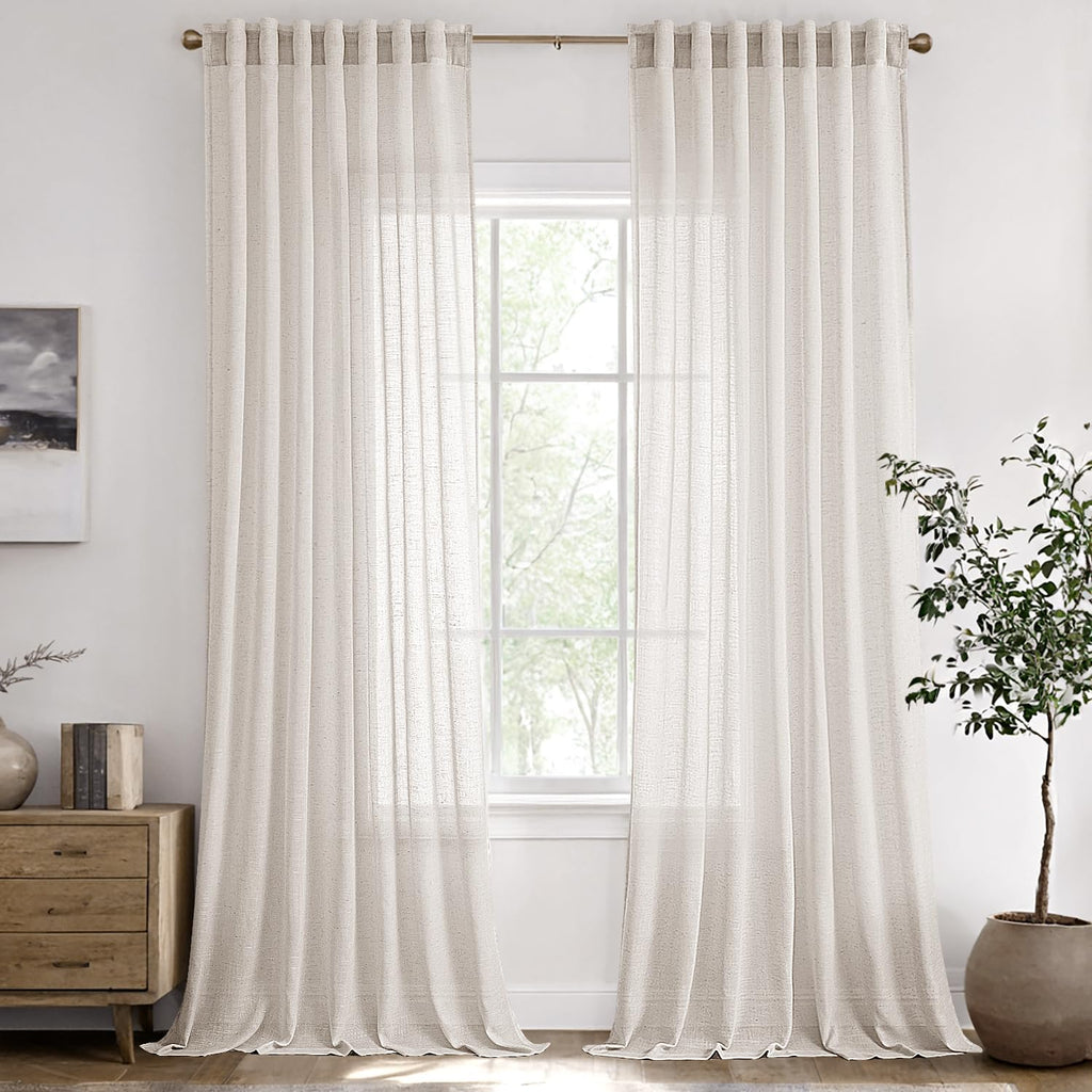 Natural White Semi Sheer Linen Curtains 120 inch 2 Panels Q1244