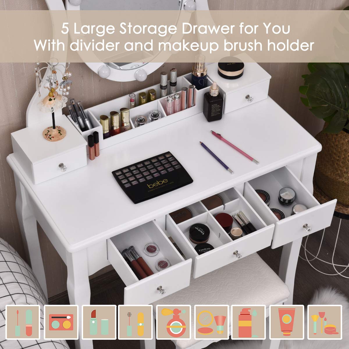 White Makeup Vanity Table with Lighted Mirror and Stool P28646