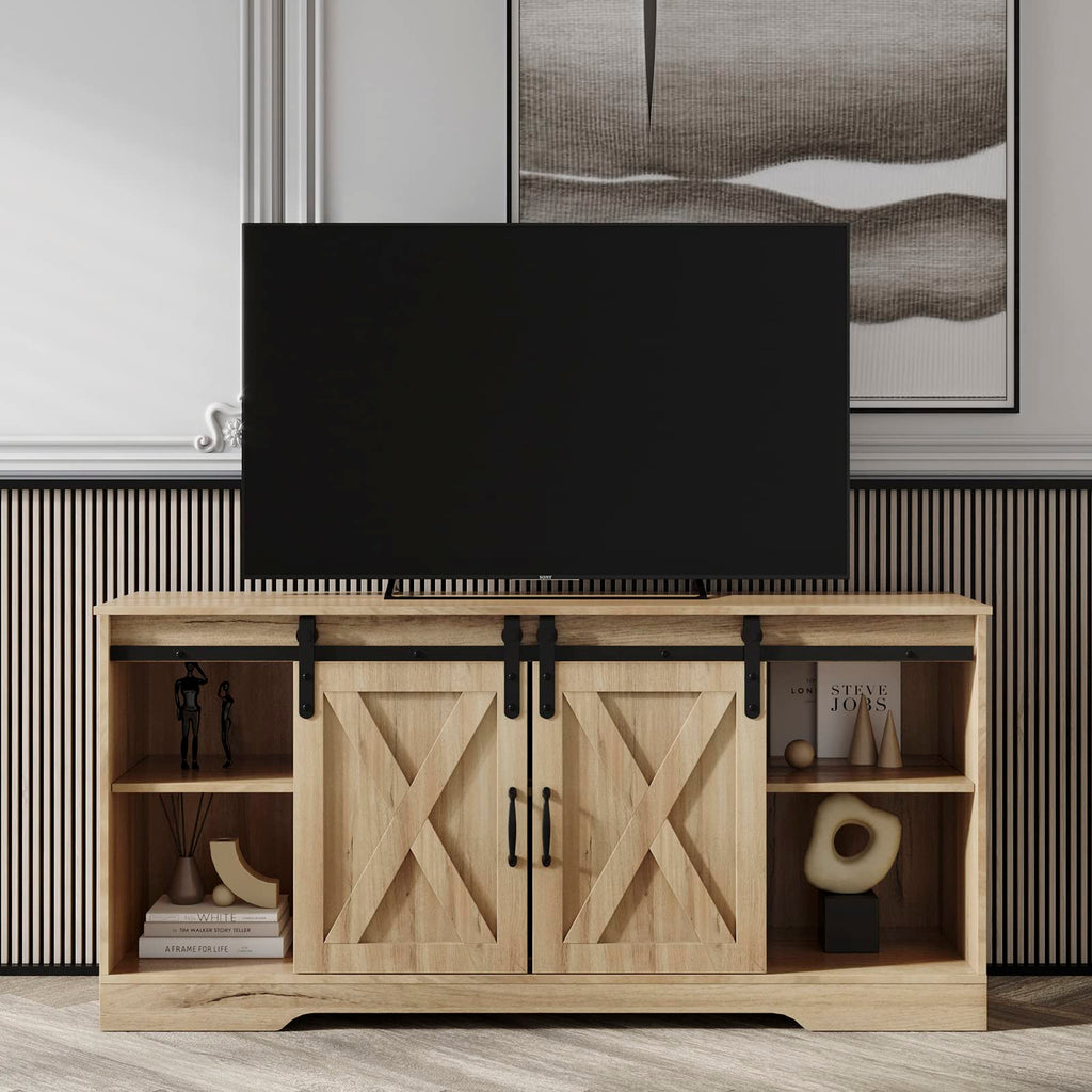 Farmhouse Wood TV Stand with Sliding Barn Door and Storage Cabinet P492