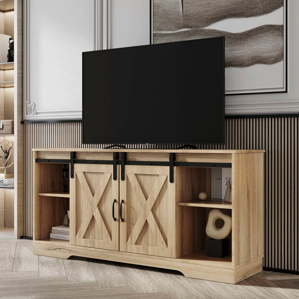 Farmhouse Wood TV Stand with Sliding Barn Door and Storage Cabinet P492