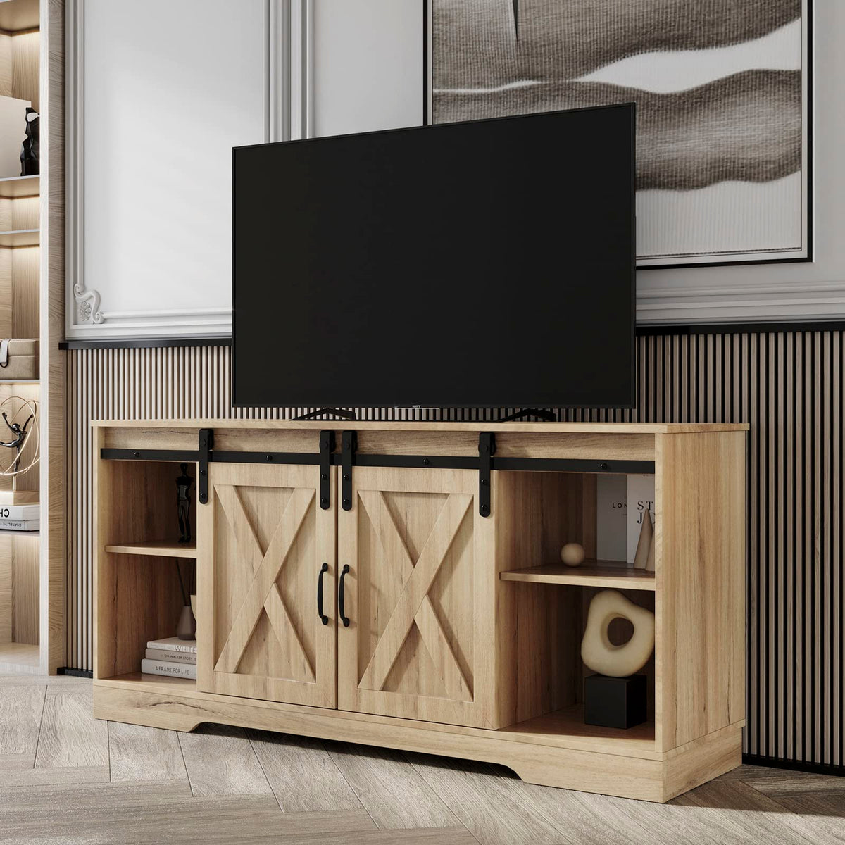 Farmhouse Wood TV Stand with Sliding Barn Door and Storage Cabinet P492