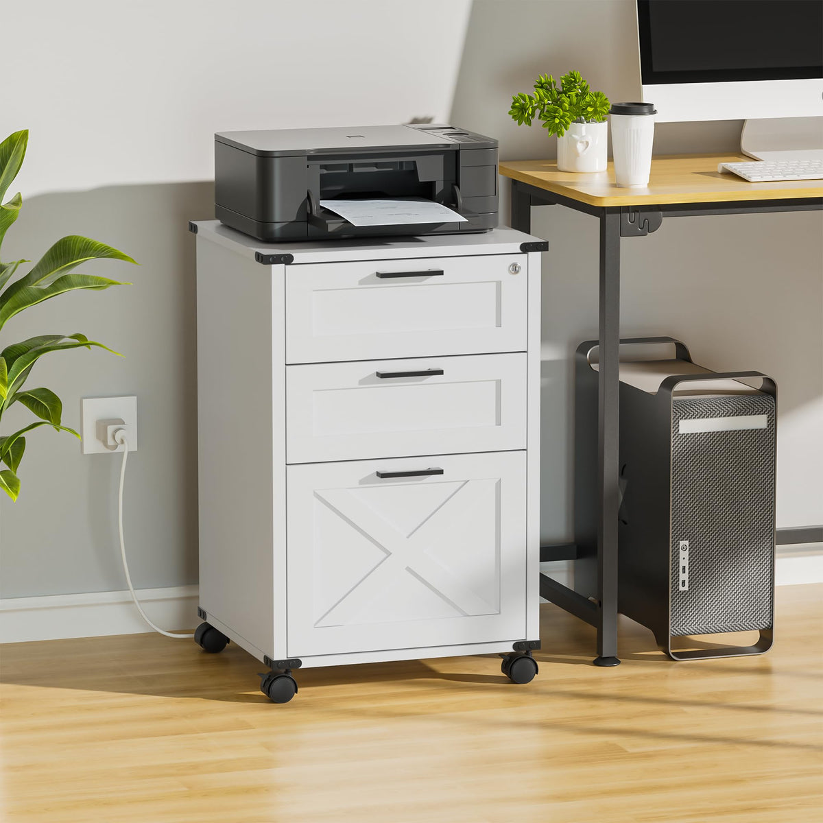 Small Wood File Cabinet with Charging Station and Lock, 3 Drawers V758384