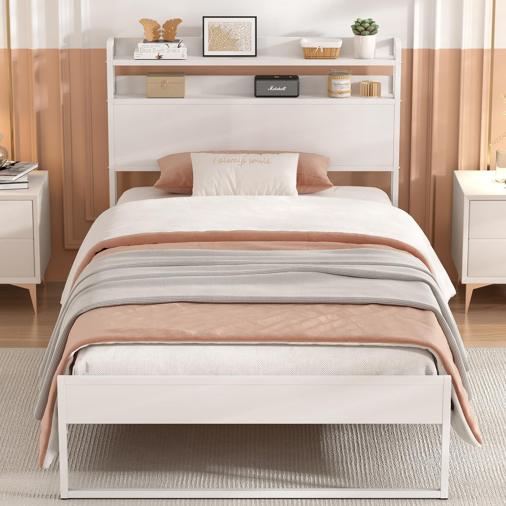 White Metal Twin Bed Frame with 2-Tier Storage Headboard A4864