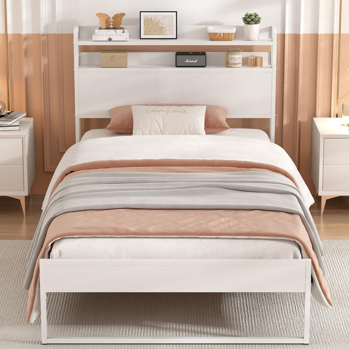 White Metal Twin Bed Frame with 2-Tier Storage Headboard A4864