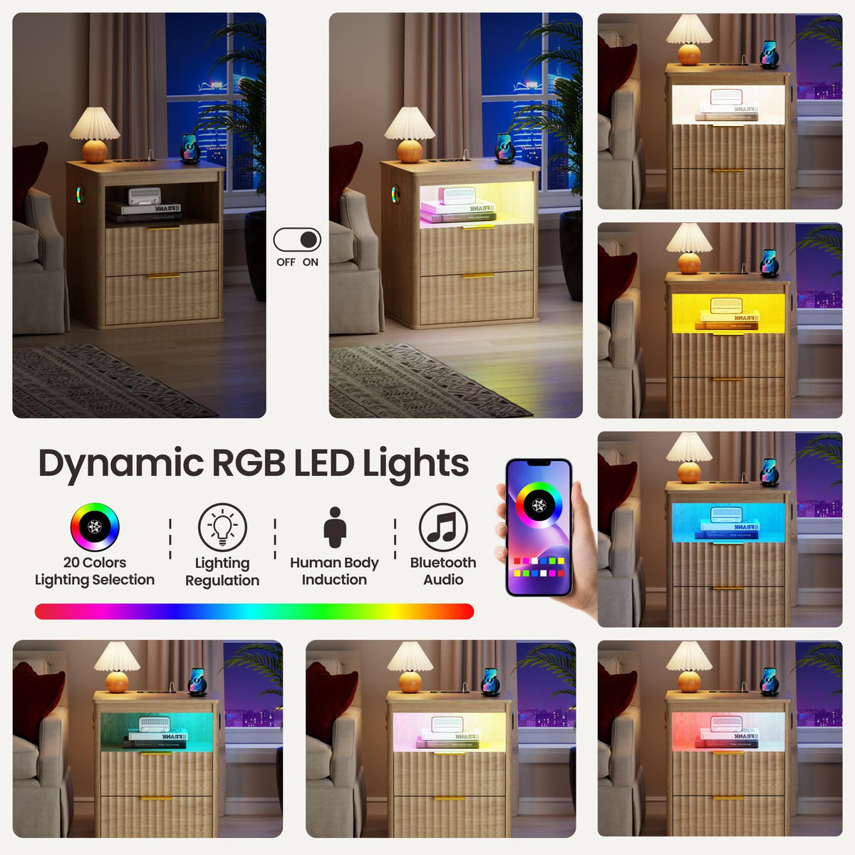LED Nightstand with Charging Station and 2 Drawers F943862
