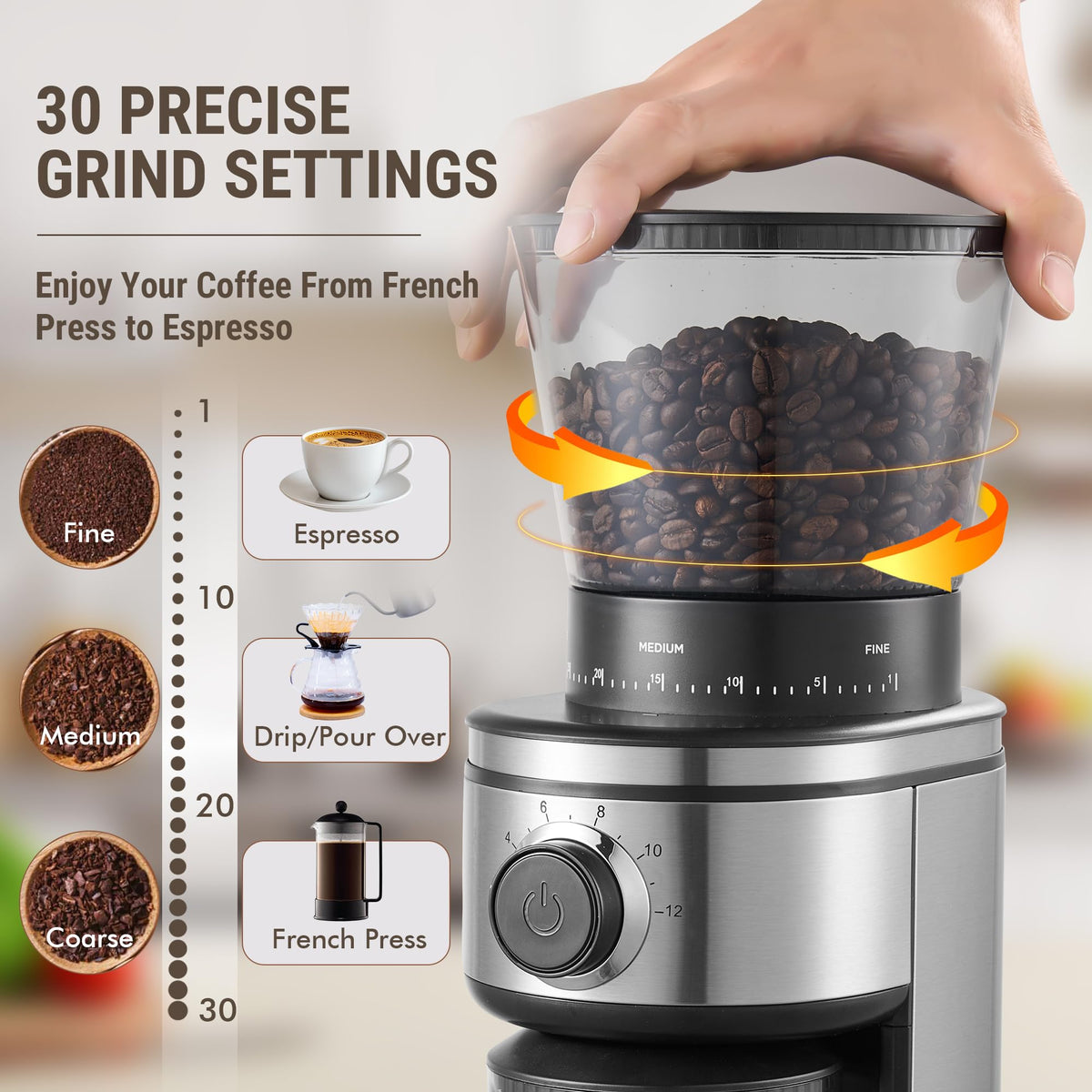 Electric Conical Burr Coffee Grinder with 30 Grind Settings U30416