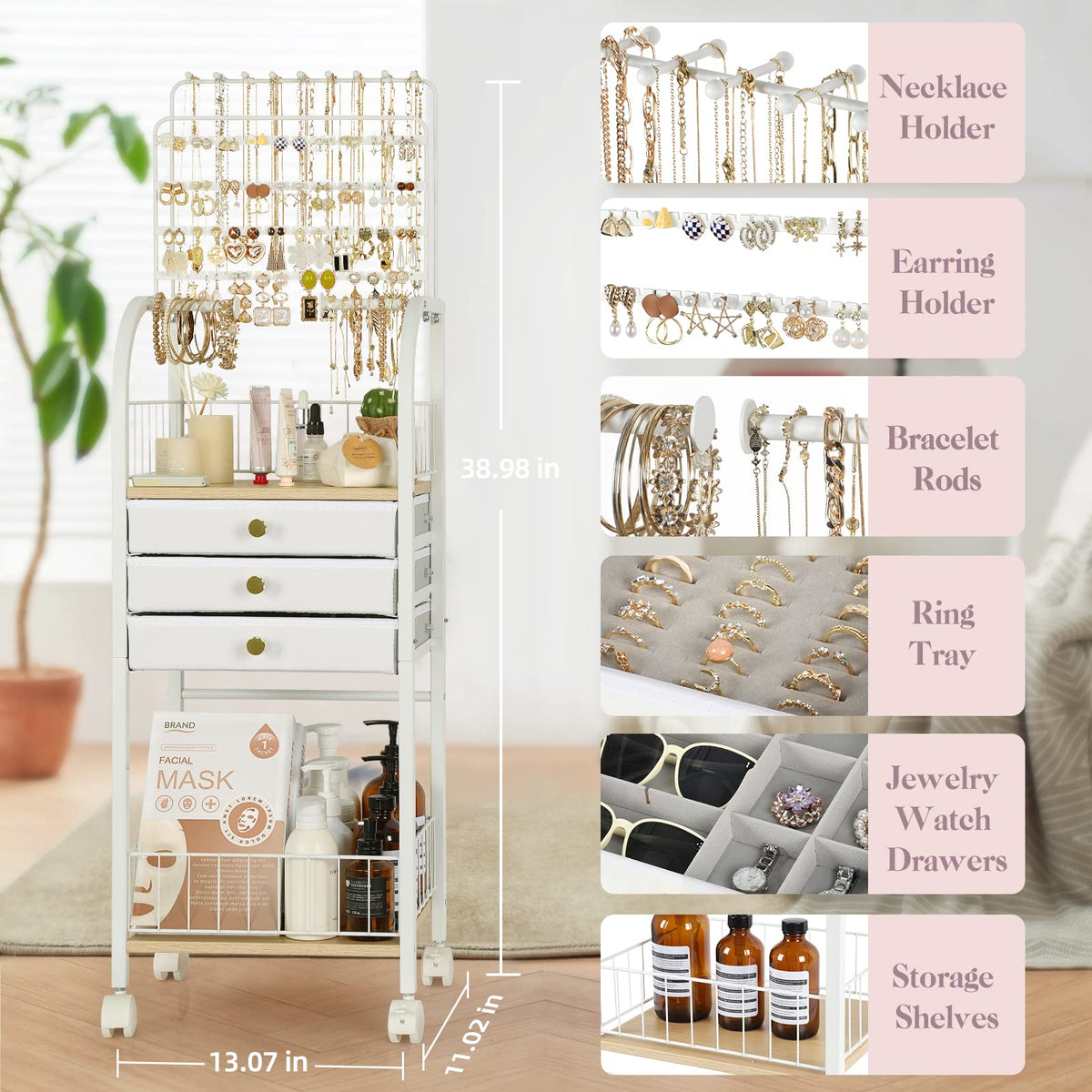 Large White 3 Drawer Floor Jewelry Organizer Stand U921